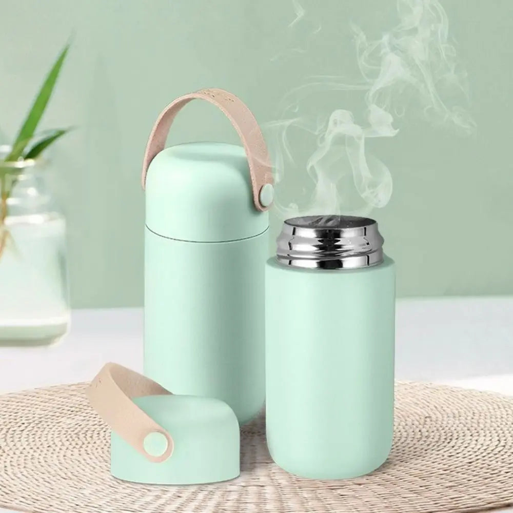 150ml Mini Stainless Steel Thermos Cup Double Wall with Leather Handle Pocket Bottle Leakproof Unbreakable Thermoses Coffee Mug