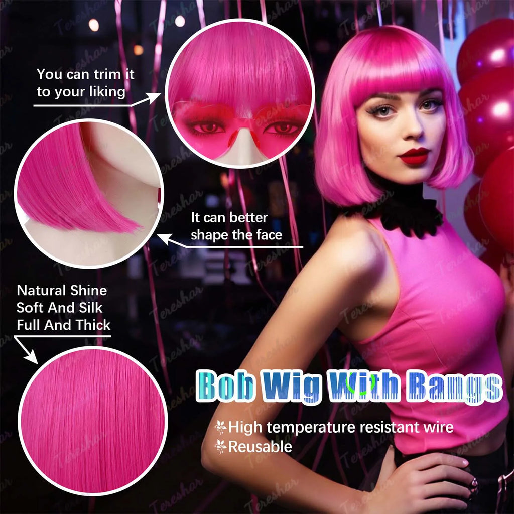 Synthetic Hot Pink Bob Wig+Sunglasses for Women Short Straight Neon Bob Wig with Bangs, 12" Colorful Funny Wig for Party Cosplay