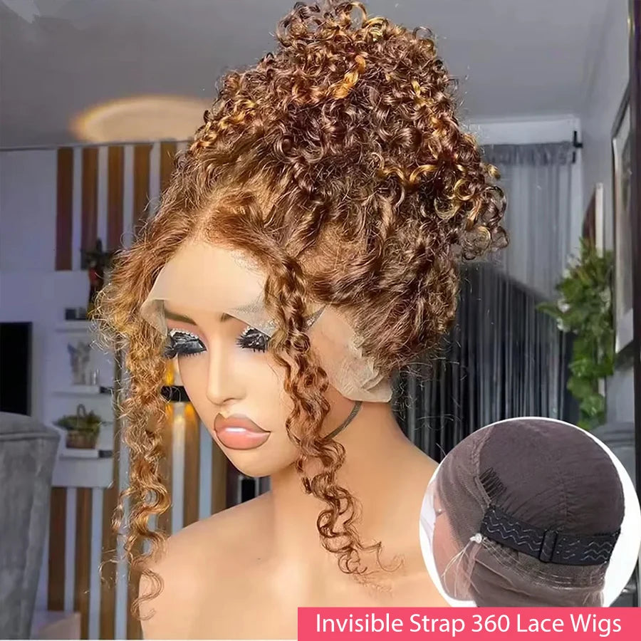 Curly Highlight 360 Full Lace Wig Human Hair Pre Plucked Deep Wave Glueless Invisible Strap Lace Frontal Wig Honey Blonde Color