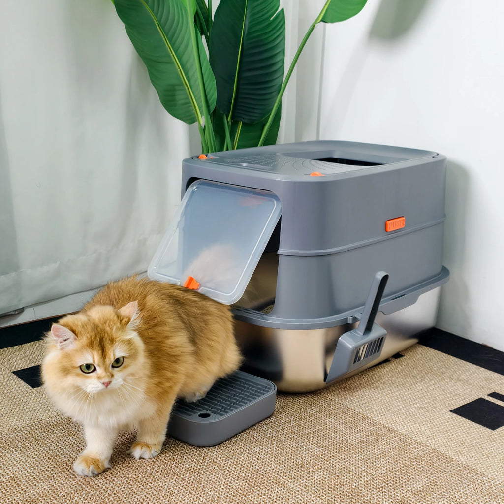 Enclosed Stainless Steel Cat Litter Box with Lid Extra Large for Big Cats Kitty Metal Litter Pan Tray High Wall Sides