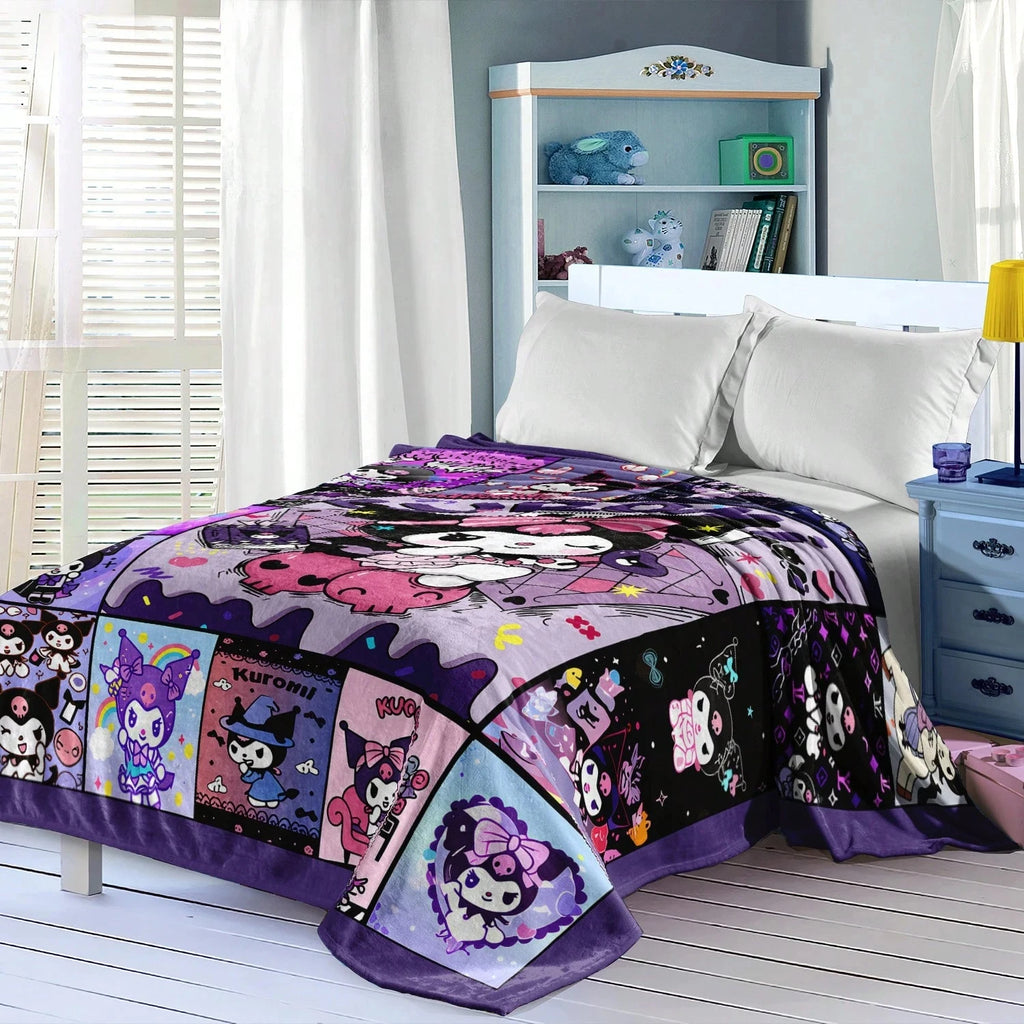 1pc Sanrio Kuromi Themed Flannel Blanket, 2D Flat Print, All-Season, Otaku Throw for Bedroom, Living Room, Napping, Camping & Gi