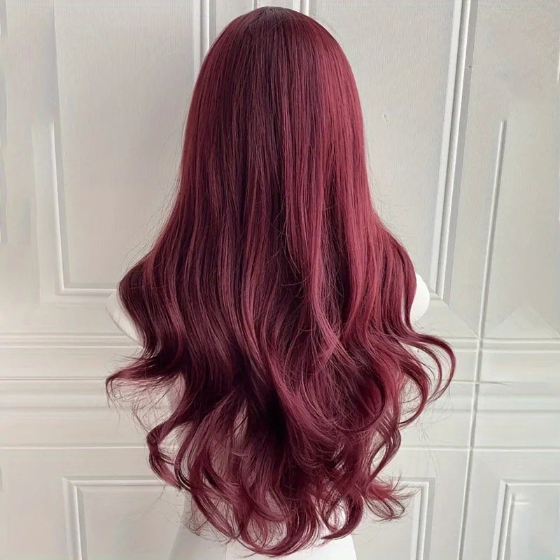 Red wine color synthetic wig with big waves for Halloween party, Cosplay wig, everyday wig, high-temperature hair fiber wig set