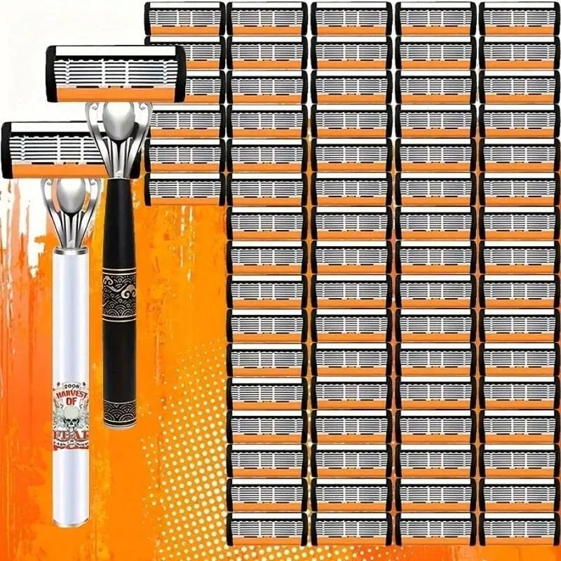 Classic Men's Razor 72 Ultra Sharp Blades Durable Progressive Design Safe Smooth Painless Shaving 2Non Slip Handles Holiday Gift