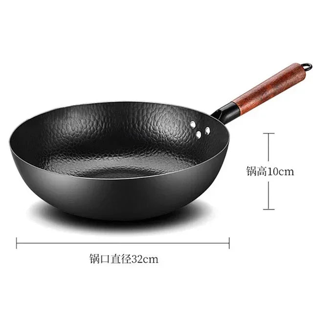 32cm Chinese Traditional Handmade 100% Iron Wok Thickening Non Coated Round Bottom Pan Wok Cook Large Cooking Pot with Wood Lid