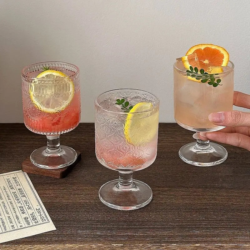 4pcs Set Vintage Embossed Mixed Pattern Wine Glass,Wine Juice Drink Cup ,Party Wedding Home Glass Cup Goblet