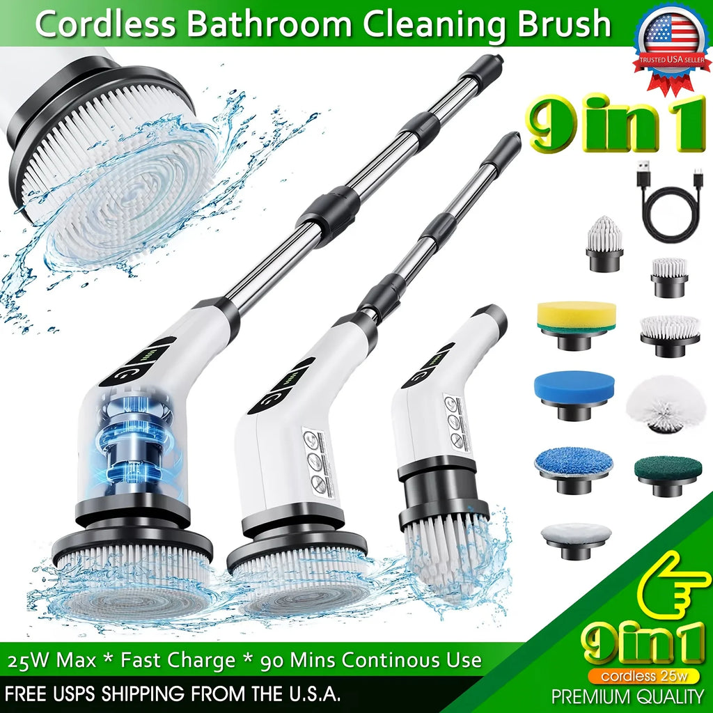 Electric Spin Scrubber – Cordless Shower Cleaner with 9 Brush Heads & Extendable Handle for Bathroom, Tub & Tile