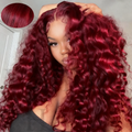 99j Burgundy Curly 13x6 Hd Lace Frontal Human Hair Wig Deep Wave 100% Colored Brazilian Pre Plucked Wigs For Women 250 Density
