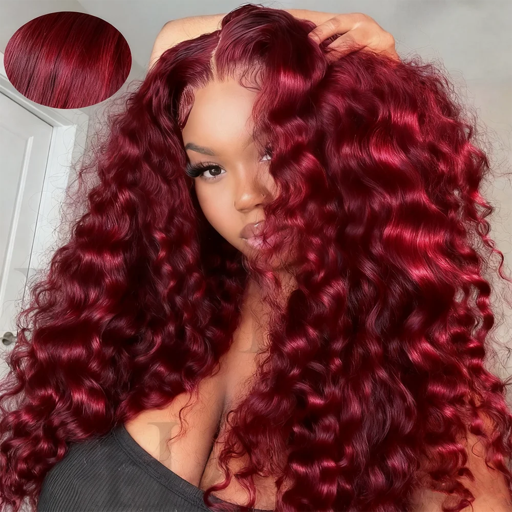 99j Burgundy Curly 13x6 Hd Lace Frontal Human Hair Wig Deep Wave 100% Colored Brazilian Pre Plucked Wigs For Women 250 Density