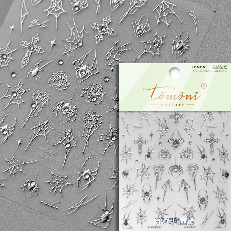1 piece 5D Spider Web Nail Sticker Cross Silver White Black Glitter Transparent Rhinestone Rose Self-Adhesive Nail Art Sticker