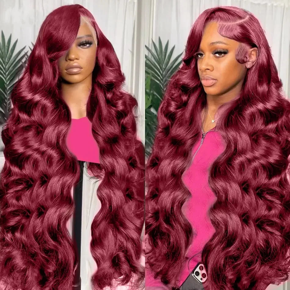 99J Red Burgundy Color Loose Wave 13X4 Lace Frontal Synthetic Wig For Women Natural Hairline Baby Hair Preplucked Bleach Knots