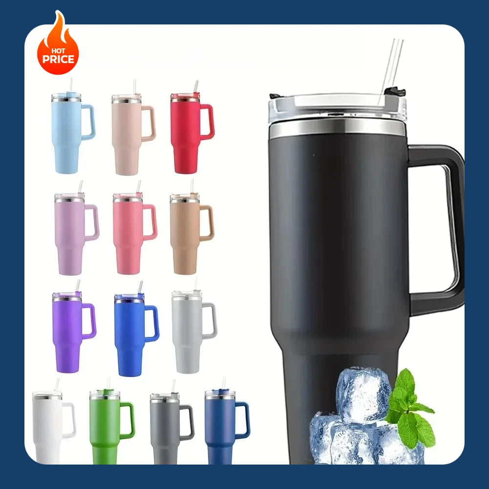 40oz Stainless Steel Car Cup Large Capacity Water Cup with Handle and Straw Double-walled Insulated Travel Mug Holiday Gifts