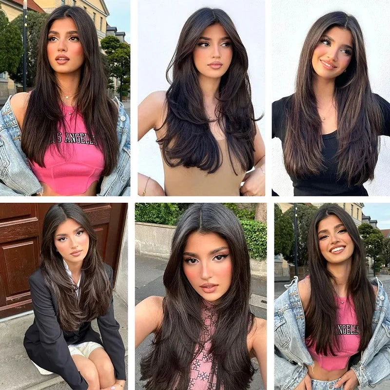 16Inch Synthetic Long Straight V-Shaped Hair Extensions 4 Clips Black Brown Hairpiece for Adding Volume Women Daily Party Use