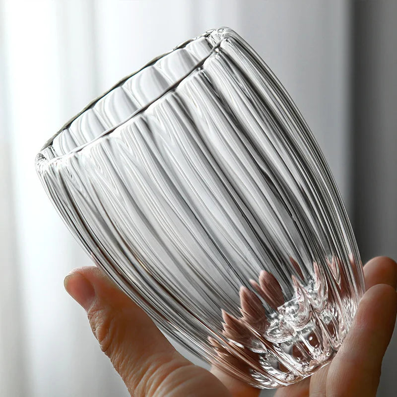 [homeeee] Ribbed Double-Wall Glass Coffee Mug - Heat Resistant