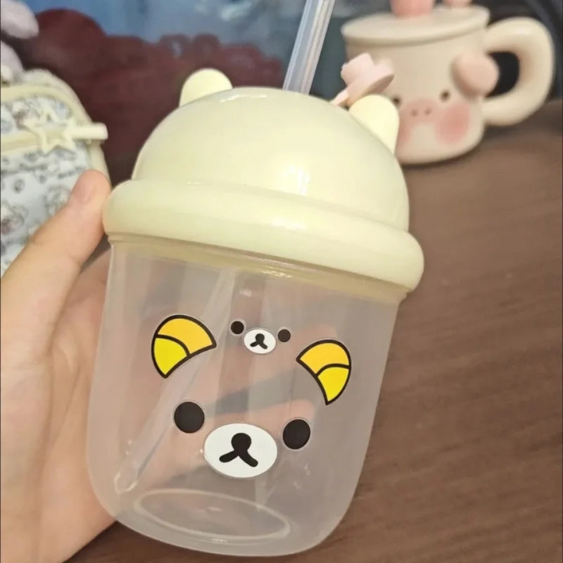 kawaii Rilakkuma plastic straw cup cute mini water cup student DIY sticker large capacity plastic milk cup tons ton cup gift