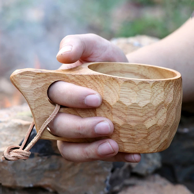 Outdoor Solid Wood Mugs Camping Portable Lanyard Finland Cup Handmade Large Capacity Milk Coffee Cups