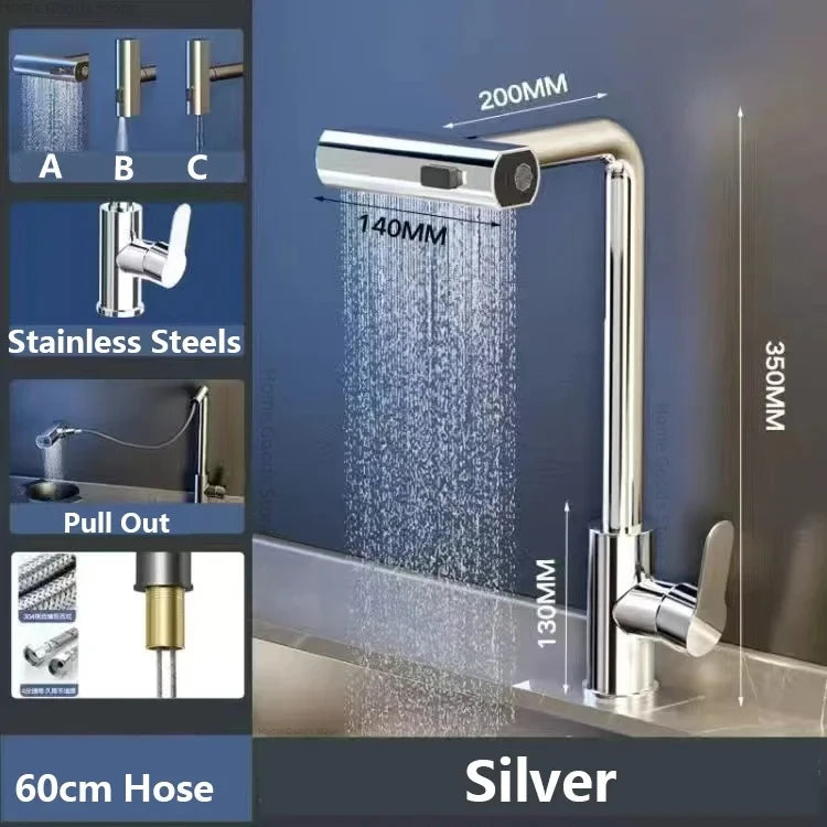 Waterfall kitchen faucet stainless steel 360° rotating waterfall flow nozzle hot and cold water sink mixer kitchen pull-out fauc