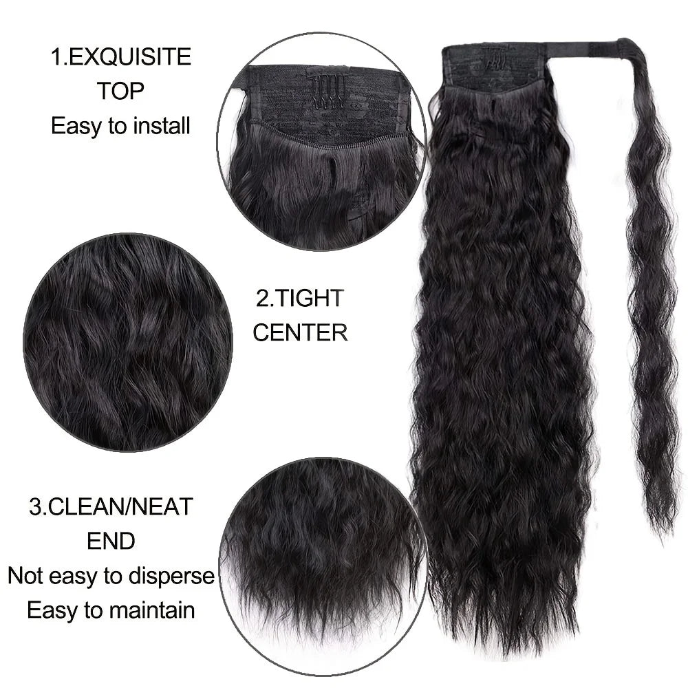 22inch Corn Wave Ponytail Extension Clip in Long Wavy Curly Wrap Around Pony Tail Heat Resistant Synthetic Hairpiece for Women