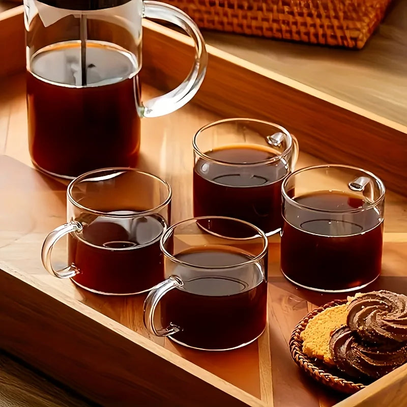 6-Piece Set, 100Ml-Mini Glass Water Cups, Glass Coffee Cups, Transparent Glass Cups with Handles, Kitchen Table Wine Glasses, Glassware Set, Suitable for Home Dining Tables, Coffee, Milk, Tea Cups, Flat-Bottomed Wine Glasses