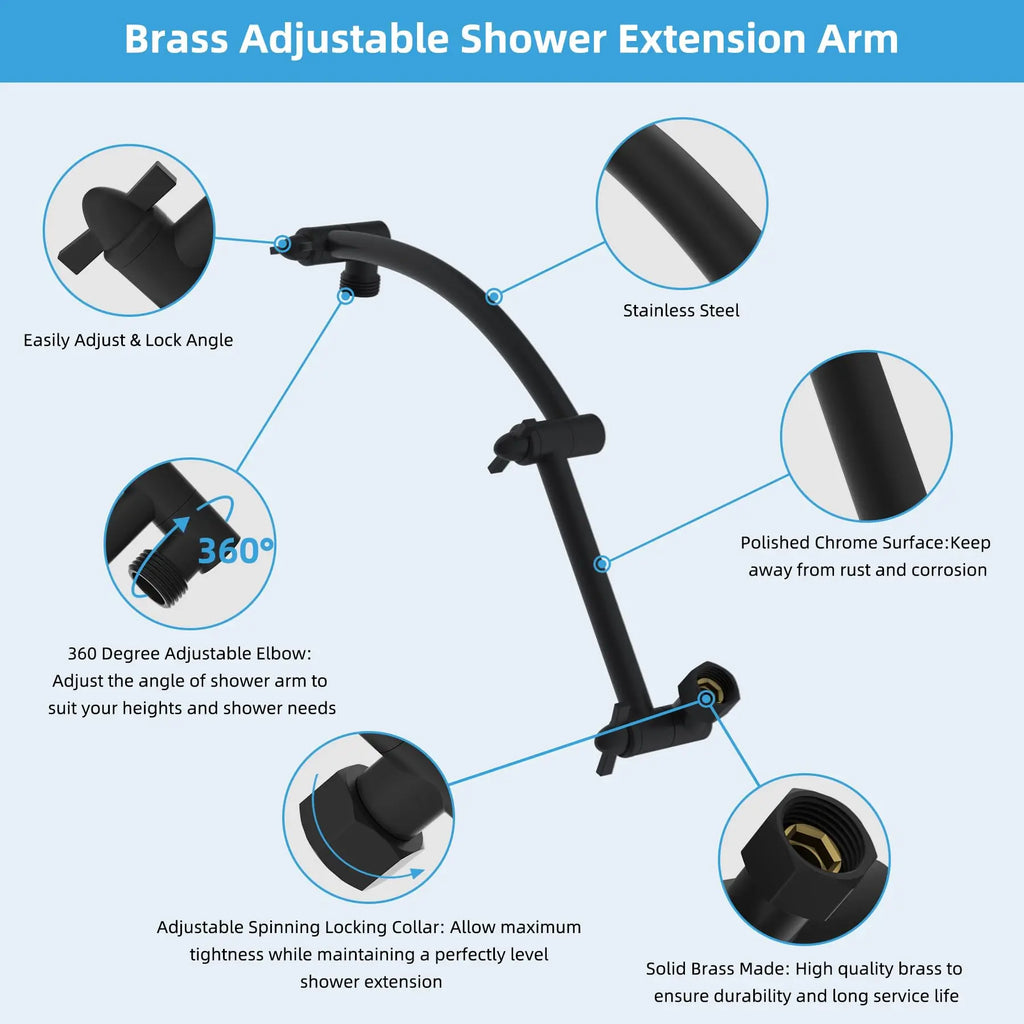 All Metal 16'' Shower Head Extension Arm Solid Brass Flexible Height & Angle Adjustable Shower Arm Extender with Lock Joint, Uni
