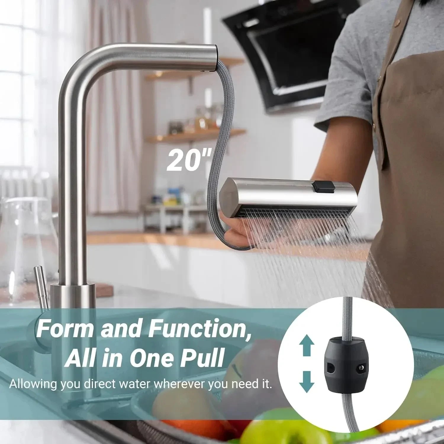 Waterfall kitchen faucet stainless steel 360° rotating waterfall flow nozzle hot and cold water sink mixer kitchen pull-out fauc