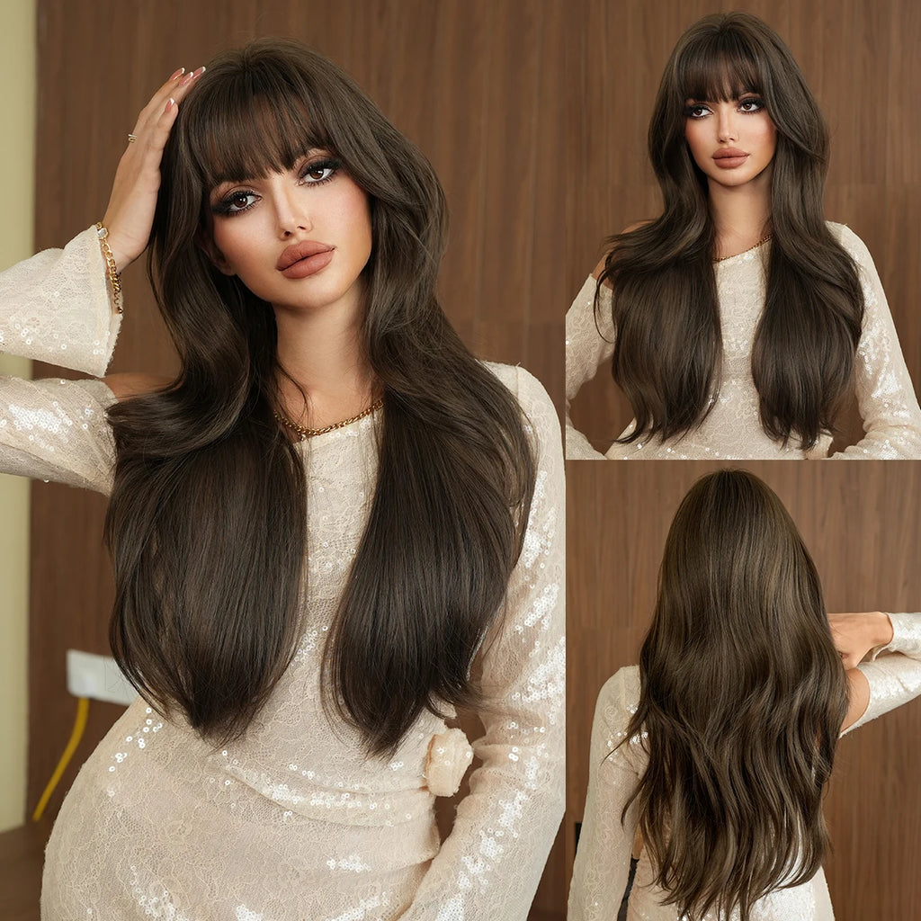 NAMM Long Wavy Light Brown Wigs For Women 30 Inch Curly Wave Wig With Natural Looking Synthetic Fiber Fashion Wig For Party Use