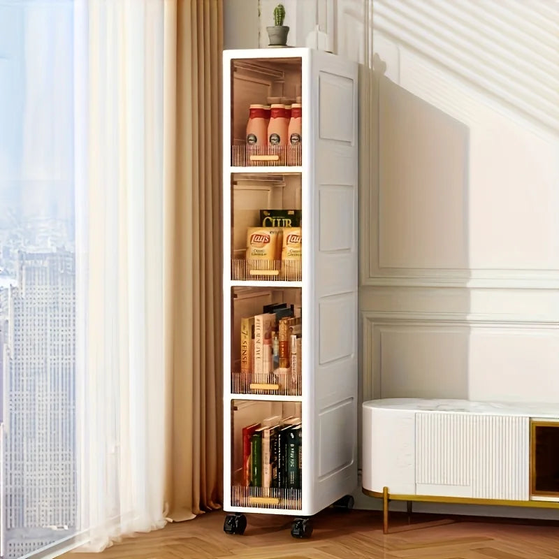 Swivel Wheel Mobile Kitchen Storage Rack - Waterproof & Dustproof, Space-saving Shelf Cabinet for Spices/Books/Toys/Snacks