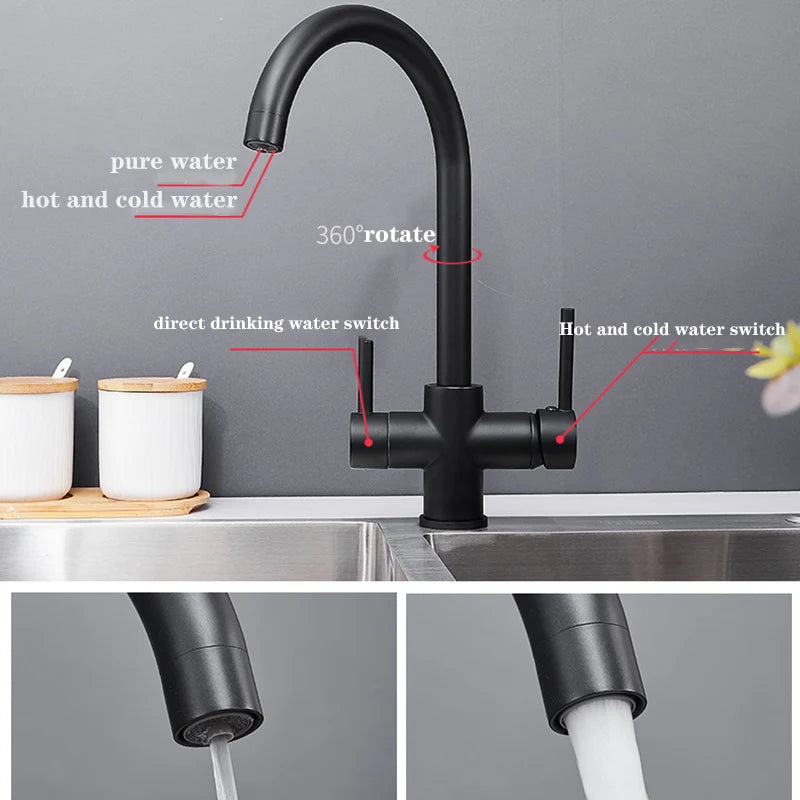Chrome Dual Handle Filtered Crane For Kitchen, 360 Rotation Water Filter Tap Three Ways Sink Mixer Kitchen Faucet