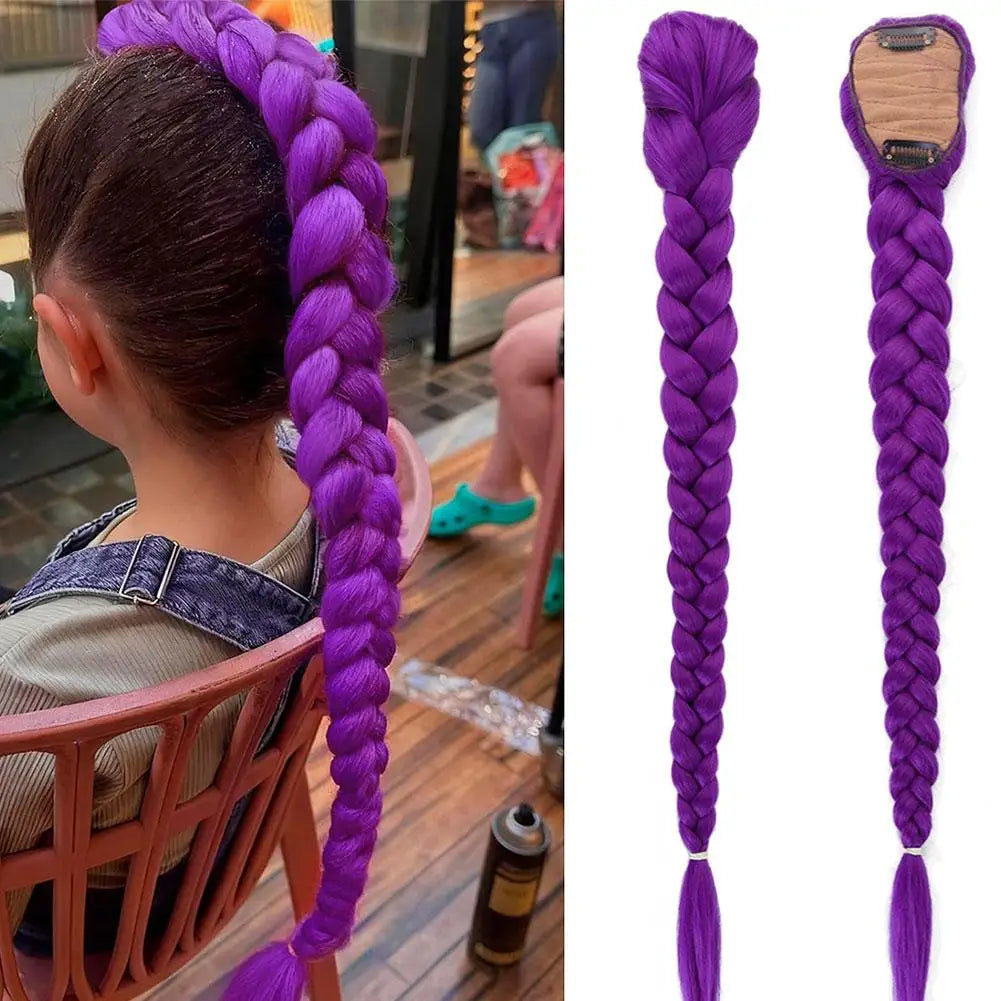 66cm Purple Braided Hair Ponytail Extensions for Kids Cosplay Long Purple Braids Rumi Hairstyle for Kids Christmas Party Use