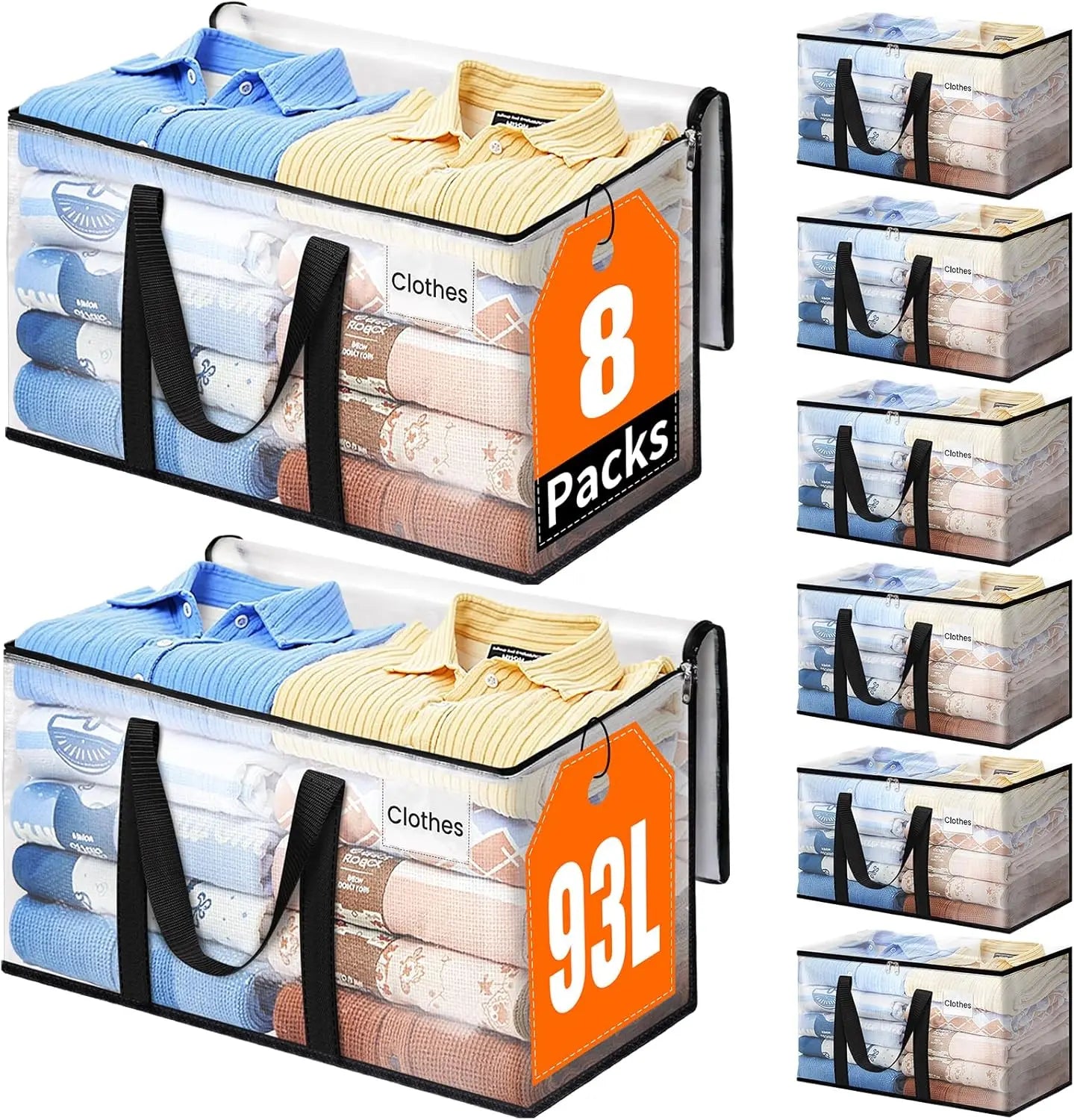 Extra Large 93L Moving Storage Bags, Heavy Duty with Strong Zippers & Handles, 8 Pack Clear Totes for Home Organization