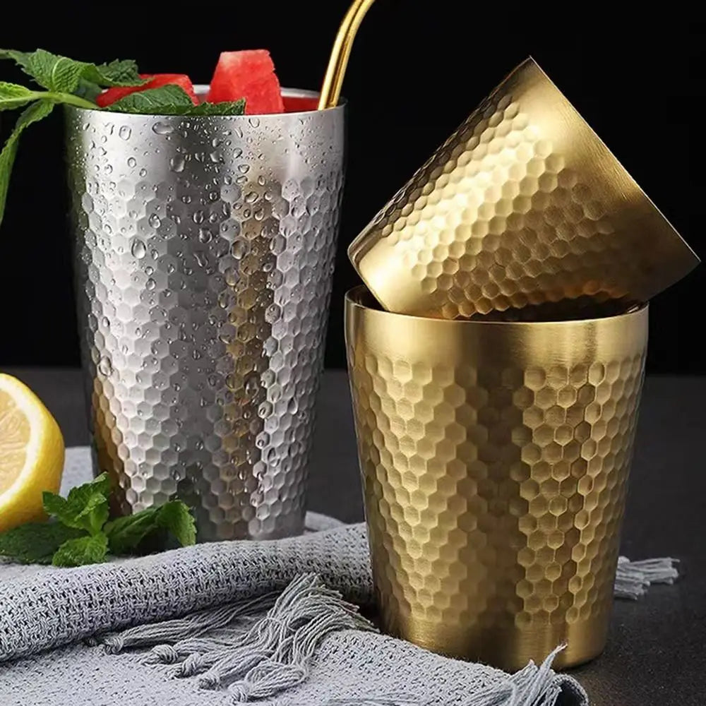 Stainless Steel Hammered Texture Double-Wall Beer Cups Milk Mugs Cold Water Drinks Cup for Kitchen Drinkware Cup