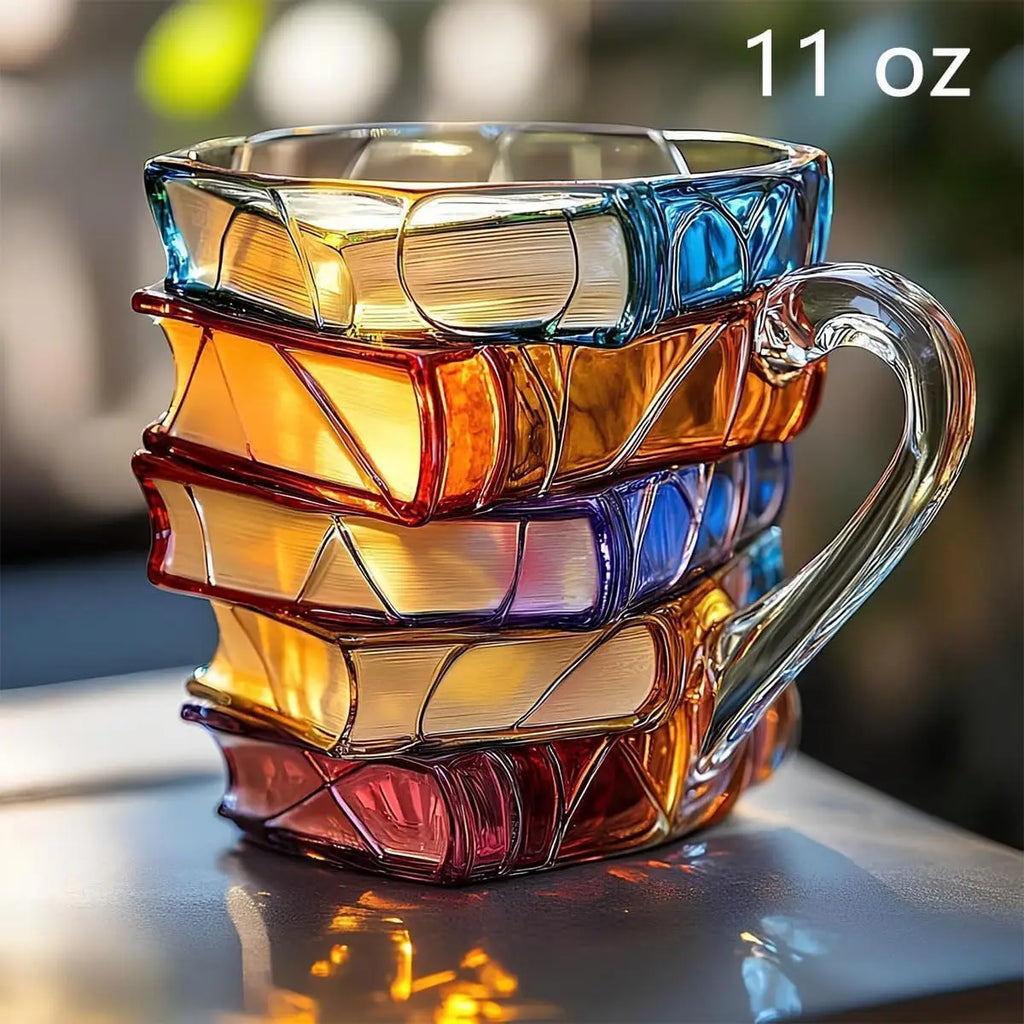 Painted Book Mug, 3D Colored Glass Book Coffee Mug, Novelty Books Stack Coffee Cup Christmas Gifts for Literature Book Lovers