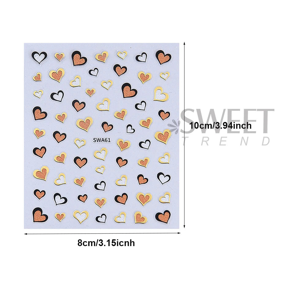 2pcs/set Golden Love Heart Nail Art Stickers 3D Valentine's Day Heart Self-adhesive Nail Supplies Slider Manicure Decorations