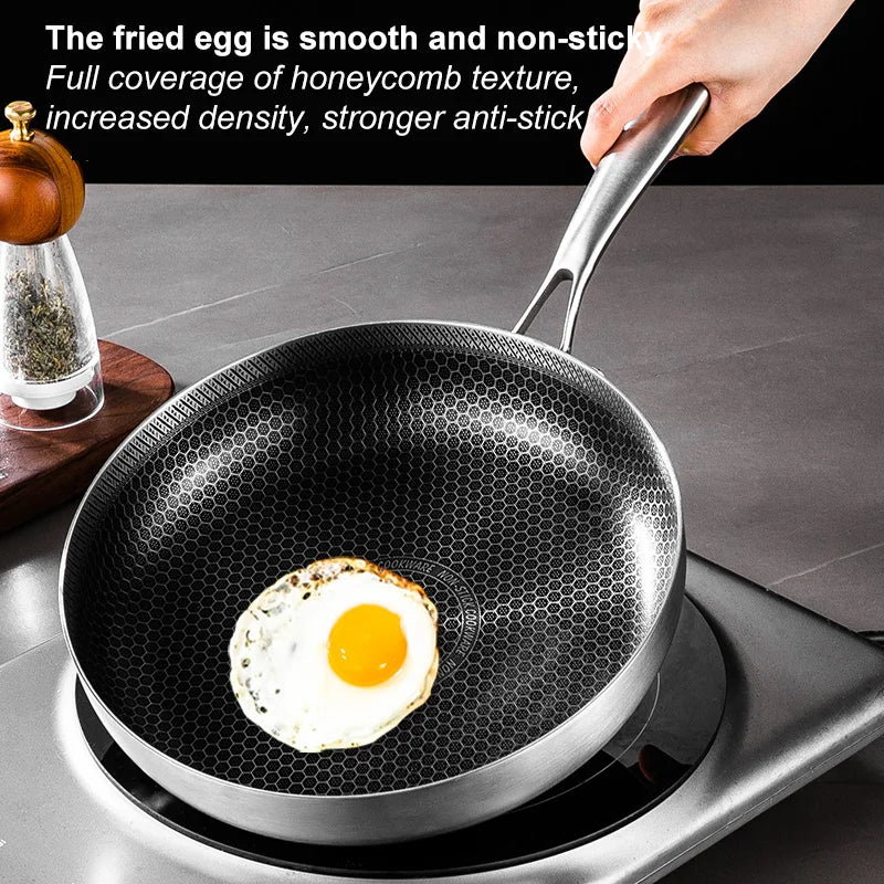 Frying Pan 316 Stainless Steel Uncoated Non-stick Pan Double-sided Honeycomb Pot Kitchen Cookware for Gas Stove Induction