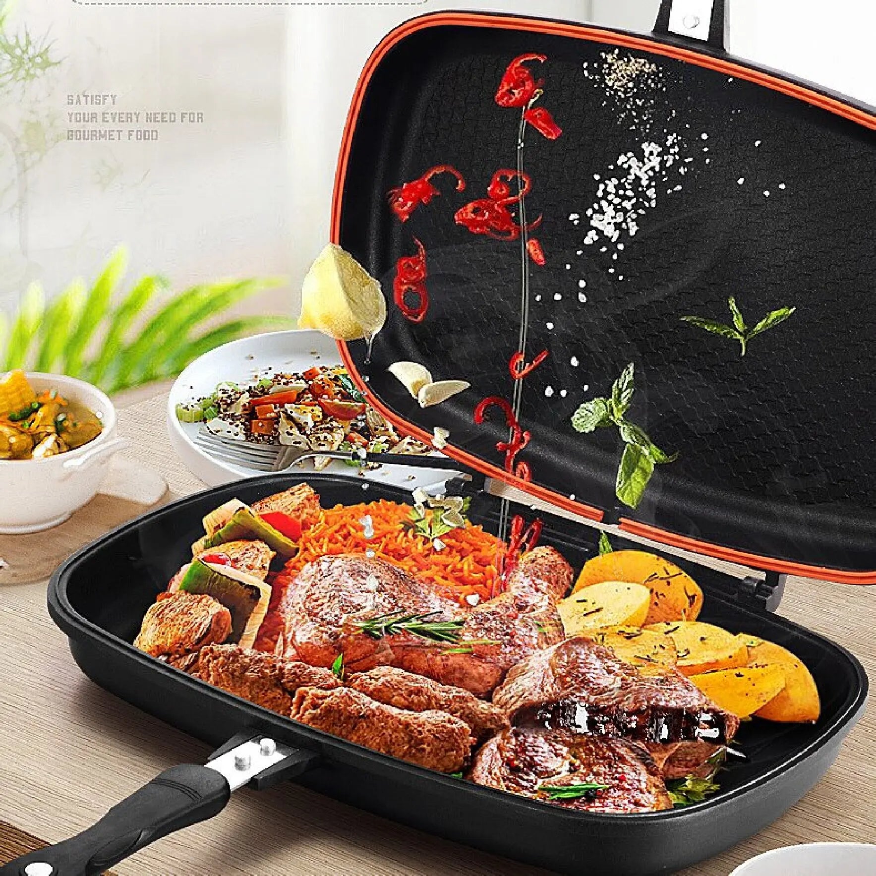 Nonstick Reversible Grill Pan Double-Sided Ribbed Flat BBQ Griddle Induction Gas Stove Compatible Indoor Outdoor Cookware