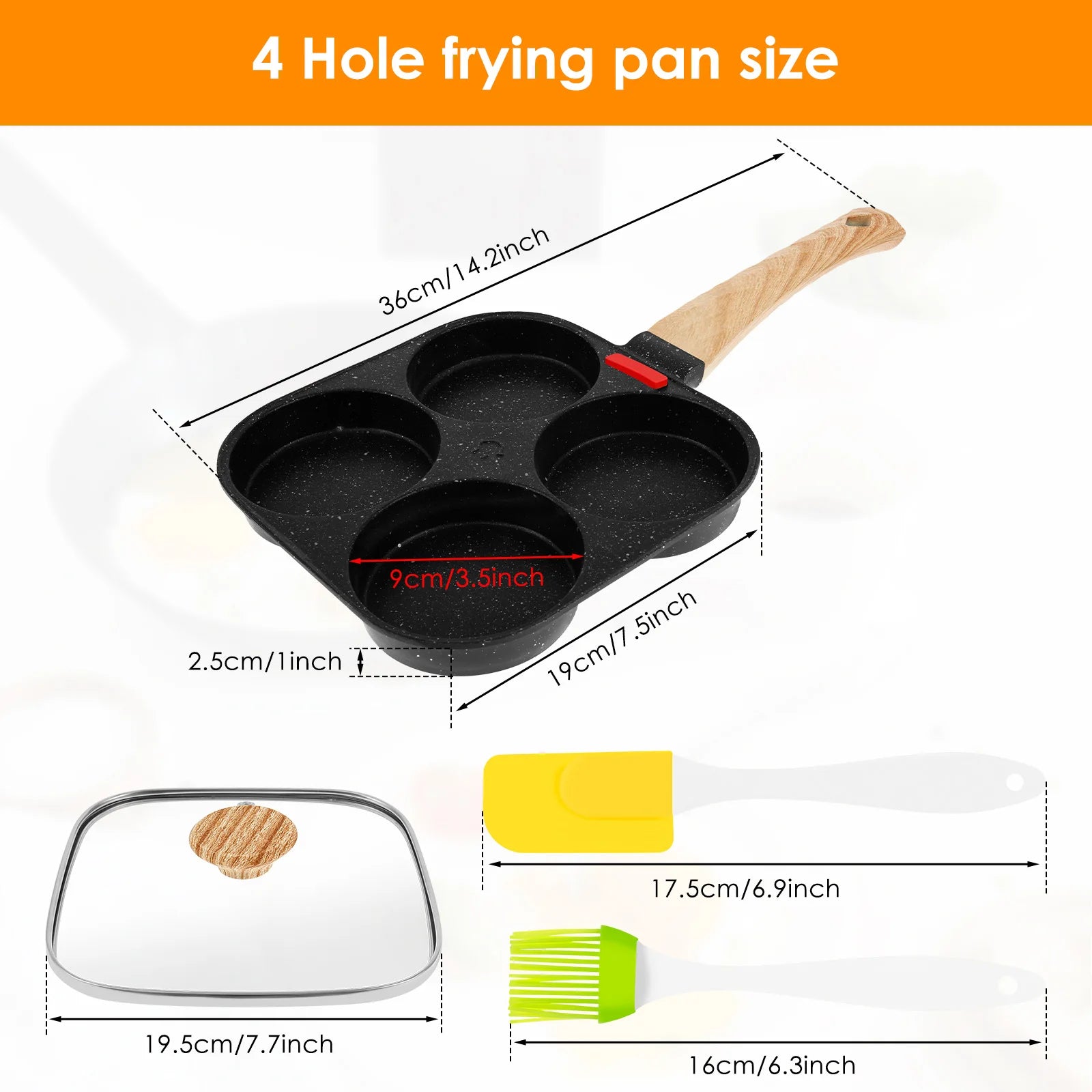 4 Cup Egg Frying Pan Nonslip Omelette Pan Skillet with Oil Brush and Lid Pancake Skillet for Gas Stove Induction Cookware