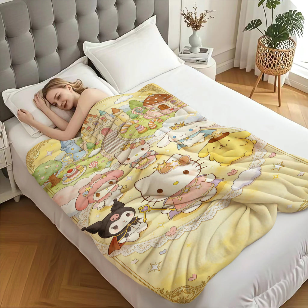 Sanrio Blanket Hello Kitty My Melody Cinnamoroll Kuromi Print Flannel Throw Blanket Multi-use Nap Blanket For Dorm Home Travel