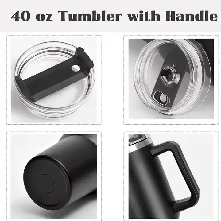 40oz Stainless Steel Car Cup Large Capacity Water Cup with Handle and Straw Double-walled Insulated Travel Mug Holiday Gifts