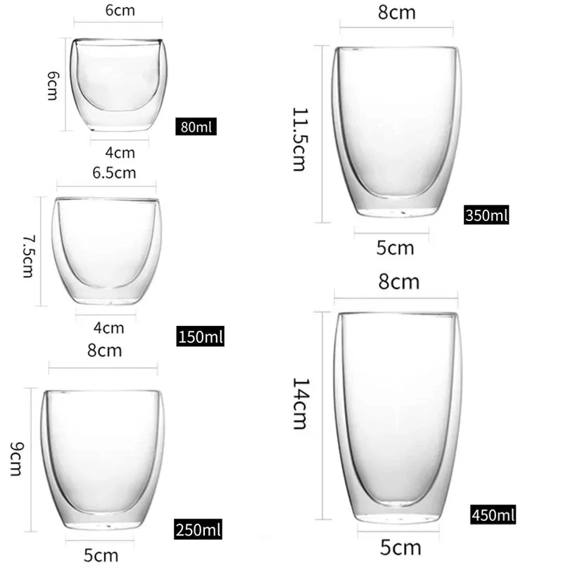 80/150/250/350/450ml 6pcs Double Wall Glass Coffee Mugs Insulated Layer Cups Set for Bar Tea Milk Juice Water Espresso Glass