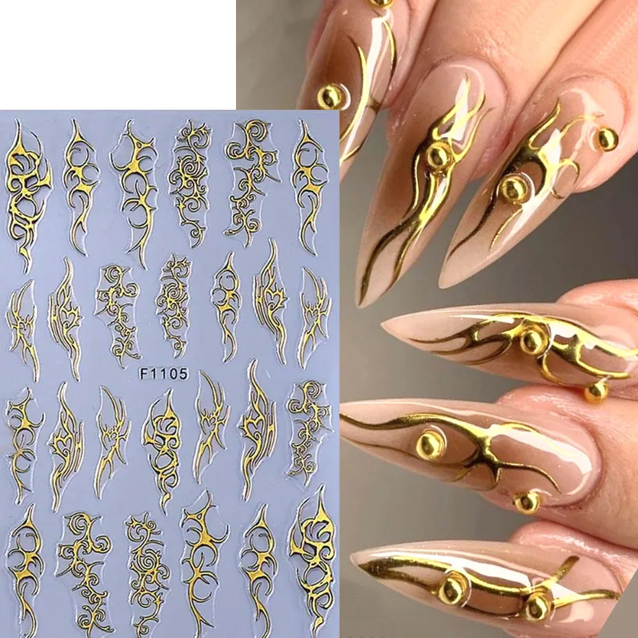 2pcs Metallic Chrome Nail Art Stickers Y2K Punk Thorns Flame Totem Designs Gold Silver Irregular Stripes Adhesive Decals Decor