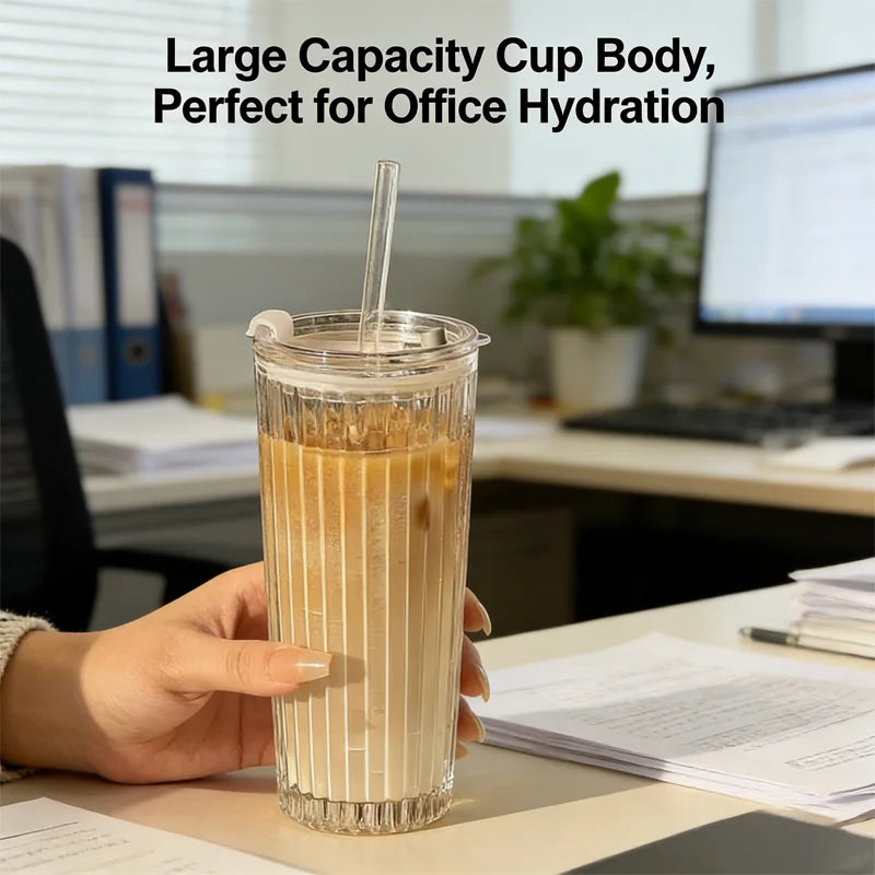 NEW Large-capacity glass cup, high appearance value, straw cup, with lid, suitable for iced Americano, latte, and juice