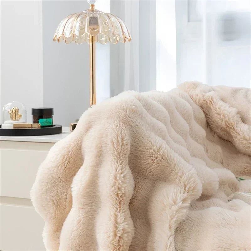 Cozy Rabbit Hair Bubble Velvet Blanket for Napping Soft Fuzzy Plush Bed Cover Sofa Throw Blanket All Season Warmth