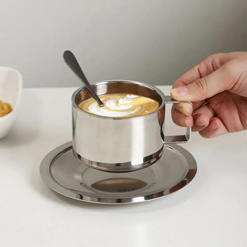 3pcs Stainless Steel Coffee Cup Set Double Walled Heat Resistant Mug With Saucer Spoon Drink Tableware Kitchen Cafe Accessories