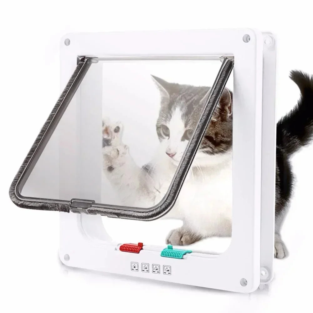 Cat Flap Door with 4 Way Security Lock Dog Flap Door for Dog Cats Kitten ABS Plastic Small Pet Gate Door Kit Cat Dogs Flap Doors