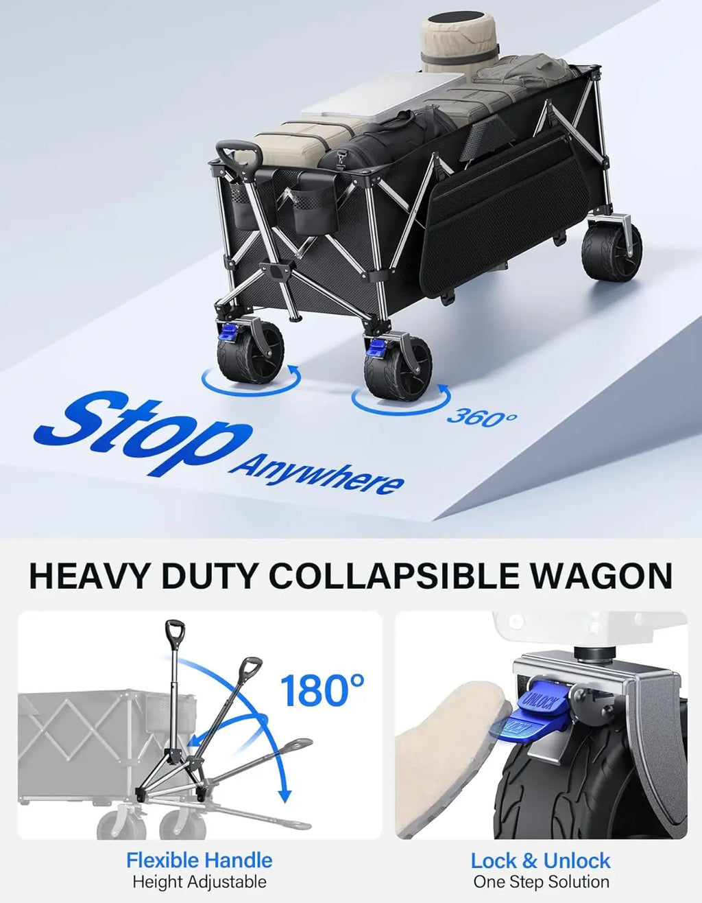 Heavy Duty Collapsible Wagon Cart 440lbs Foldable Utility with Big Wheels for Beach Camping Garden Grocery