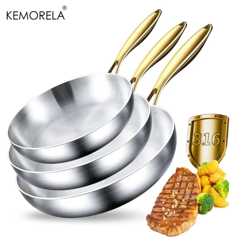 3PCS/Set 316 Stainless Steel Gold Handle Frying Pan 2MM Thick Wok Pan 5 Ply Steel Food Grade Safety Non-Stick PansMultiple Sizes