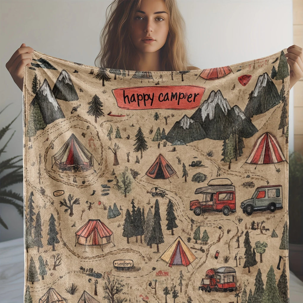 [Soft Vintage Route Mountain Blanket] Vintage Route Mountain and Car Printed Fleece Blanket: Warm, Comfortable, and Soft for Sof