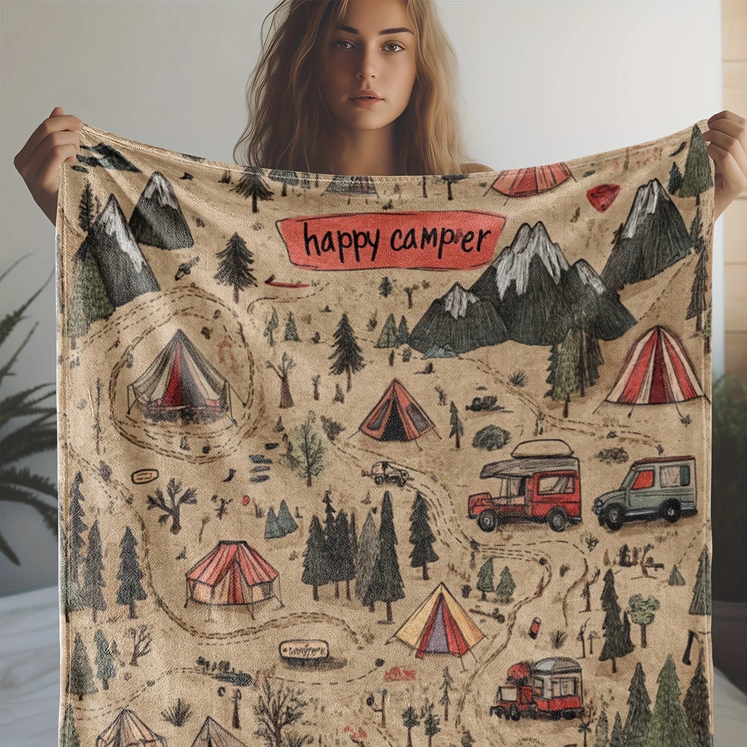 [Soft Vintage Route Mountain Blanket] Vintage Route Mountain and Car Printed Fleece Blanket: Warm, Comfortable, and Soft for Sof