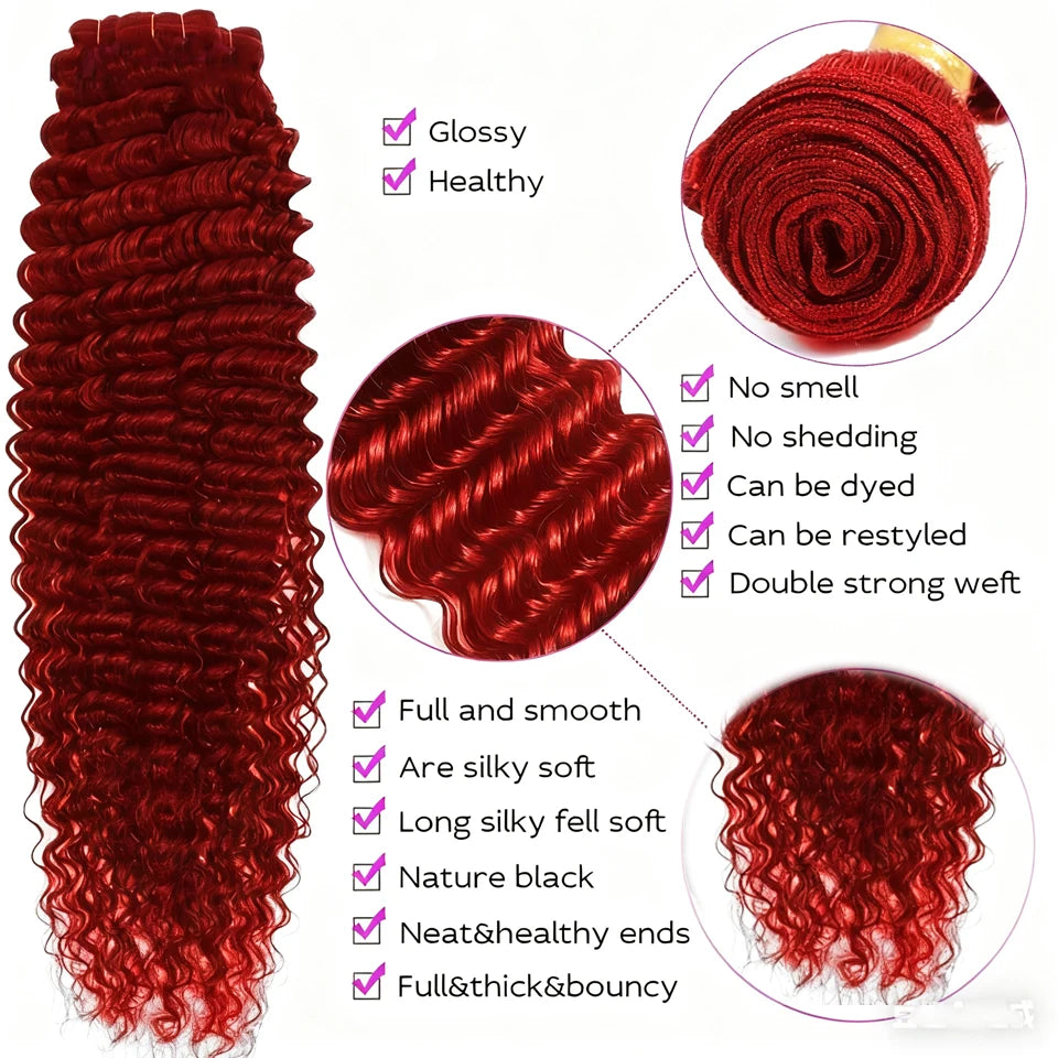 10-30 Inches #Red Deep Curly Wave Bundles Human Hair Weave Bundles Deal #99J Burgundy Red aColored Virgin Raw Hair Weave Bundles