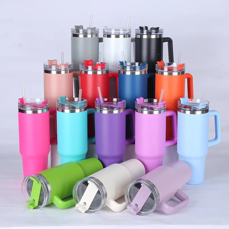 304 Stainless Steel Insulated Cup with Straw 1.2L Colorful Thermal Cup Handle Tumbler Sports Winter Water Drinking Bottle