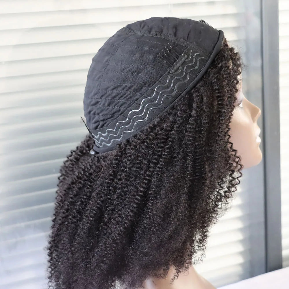 4C Afro Kinky Curly Half Head Human Hair Wig Natural Black #1B Jet Black #1 Virgin Remy Machine Made Full Head Wig for Women